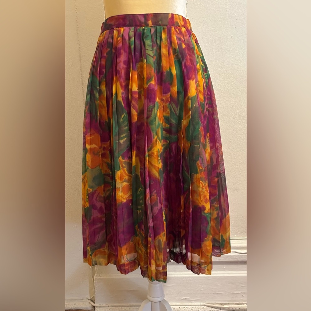 Pleated Floral Midi Skirt in Purple, Orange & Green